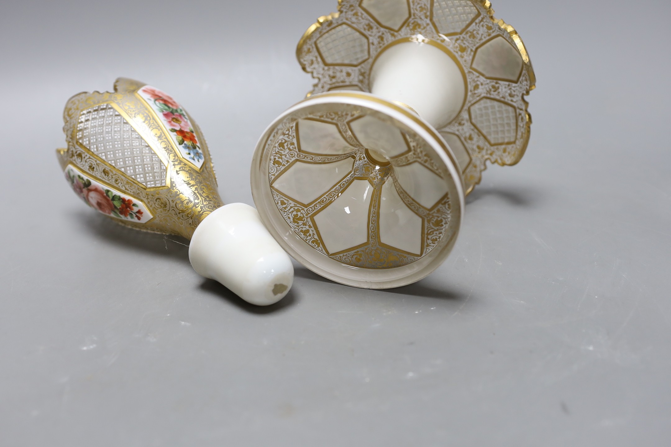 A 19th century Bohemian cut enamelled and gilded glass centrepiece, in two parts, 25cm